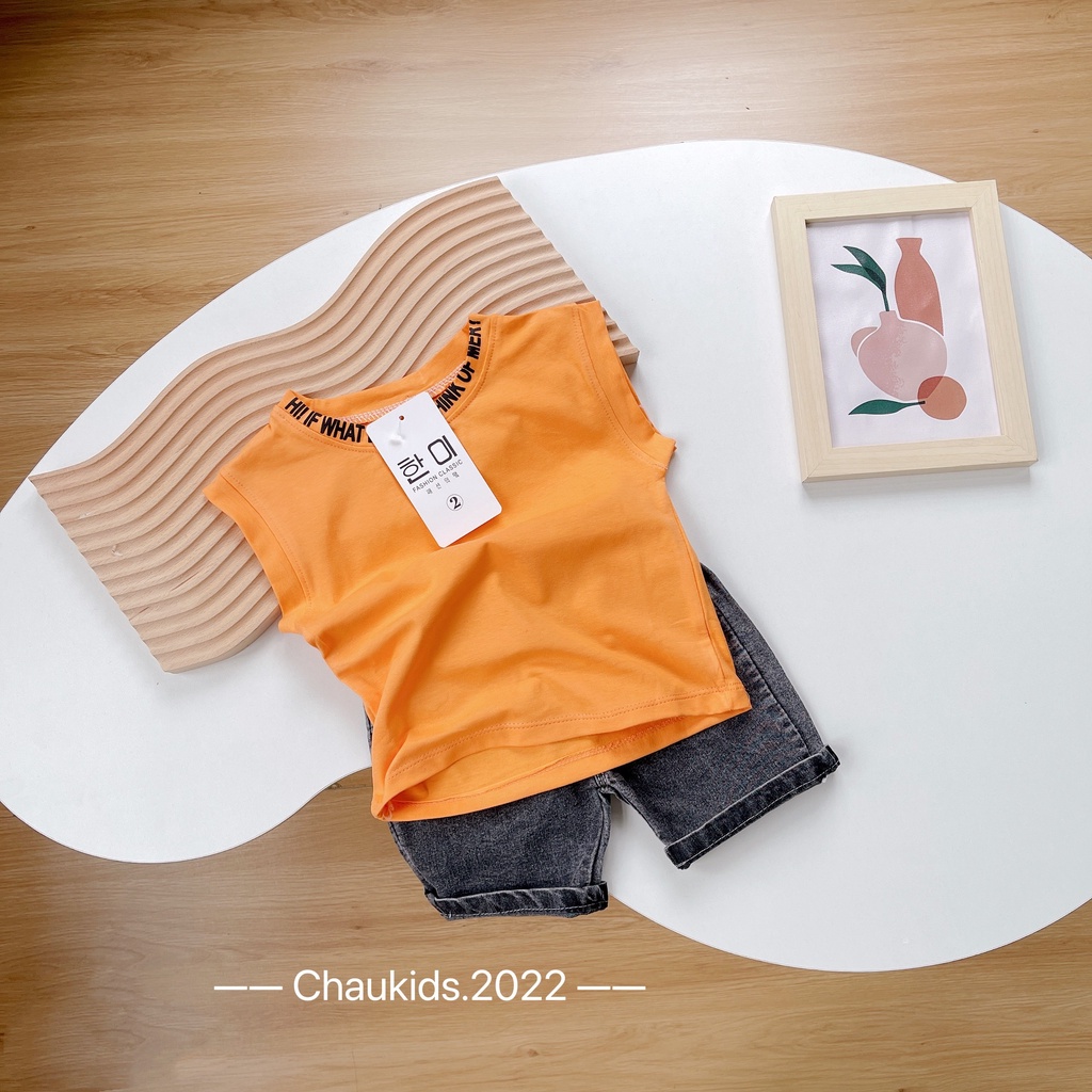 Bộ hè bé trai, bộ áo cotton sát nách cổ in chữ siêu cá tính phối quần short jean mềm cho bé