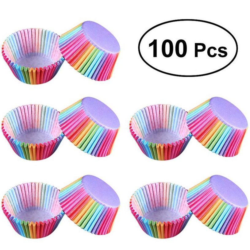 ♥FL*100PCS/SET Rainbow Style Paper Cake Forms Cupcake Liner Baking Muffin Box Cup♬