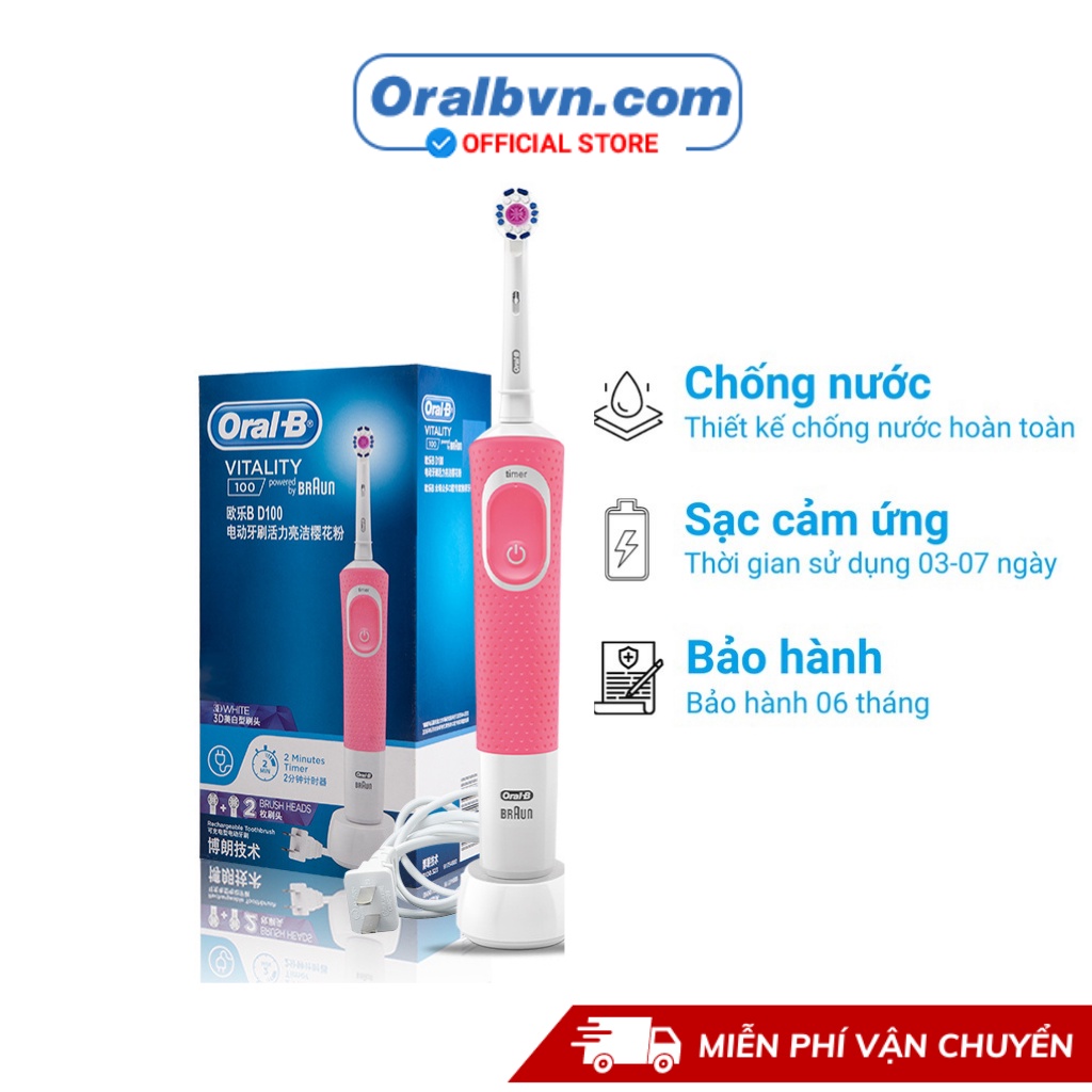 Bàn chải điện đánh răng tự động Oral B D100 hồng làm sạch răng, hạn chế viêm nướu