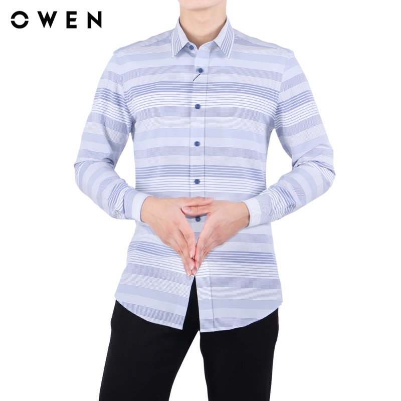 Áo sơ mi Dài tay Owen Café Slim Fit màu Trắng sọc xanh - AS23326D