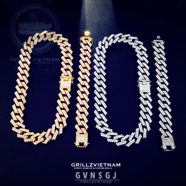 BỘ LẮC VÀ DÂY CHUYỀN CUBAN PRONG CHAIN 20mm, BỘ TRANG SỨC HIPHOP JEWERY ĐỘC ĐÁO CUBAN PRONG CHAIN