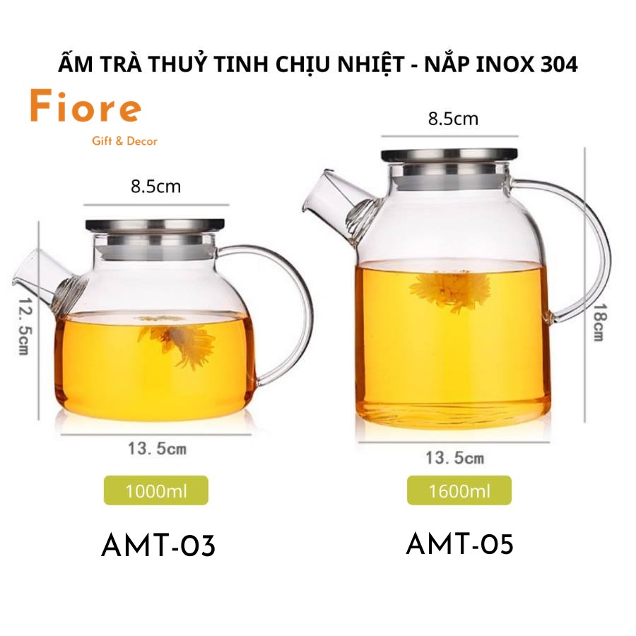 Ấm trà thủy tinh - cốc thủy tinh chịu nhiệt cao cấp, kiểu dáng hiện đại, nắp gỗ và nắp inox - nhiều kích cỡ