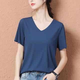 Áo thun dáng dài tay ngắn cổ chữ V màu trơn hợp thời trang cho nữ