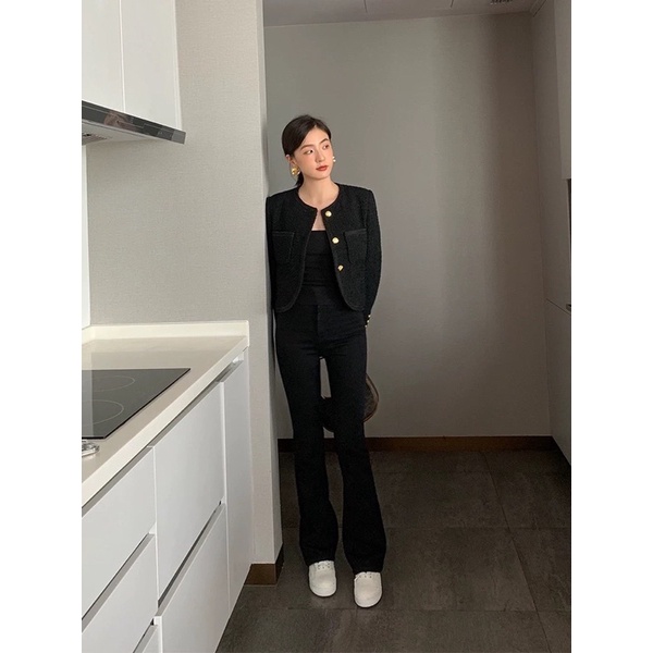 Áo dạ tweed khuy vàng dáng ngắn