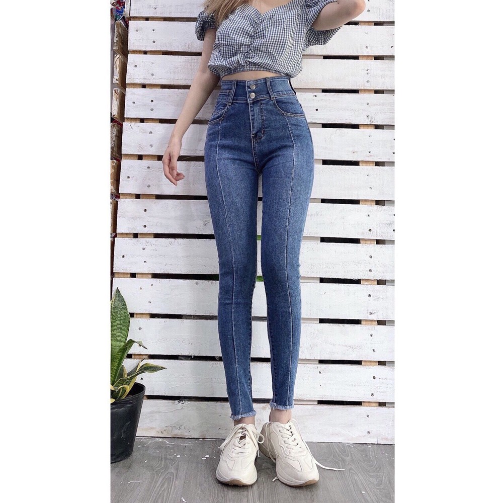 [ SIZE ĐẠI ] Quần dài jeans nữ co giãn cạp siêu cao SAIGONJEAN đắp túi đồng hồ,tua lai,màu xanh QD007