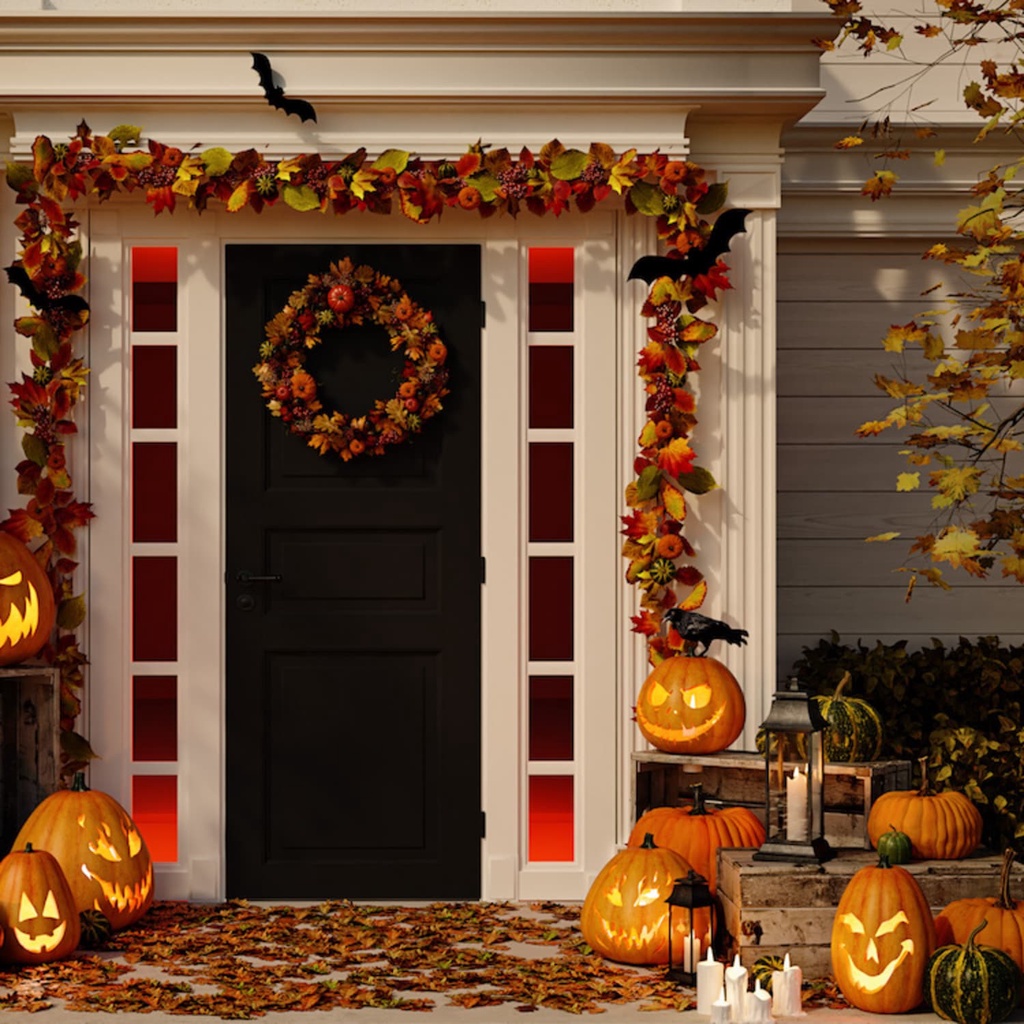 Vòng nguyệt quế treo cửa trang trí Halloween đường kính 40cm với lá phong và bí ngô mẫu MN01