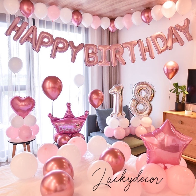[Tặng Đèn Led 5m] Set Bóng Bay Trang Trí Sinh Nhật Tông Màu Hồng Baby Bb01