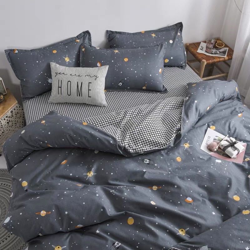 Set Bộ Vỏ Chăn Ga Cotton Poly Hoạ Tiết Vũ Trụ Xám, Chất Vải Đanh Mát_shinbedding