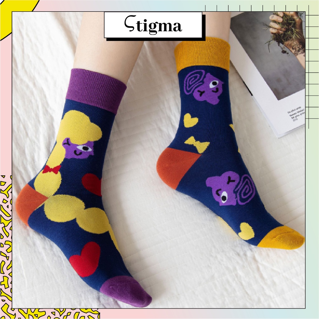 Tất Cao Cổ Lệch Nữ Nam hoạ tiết hình phong cách Vintage vớ độc lạ - stigma