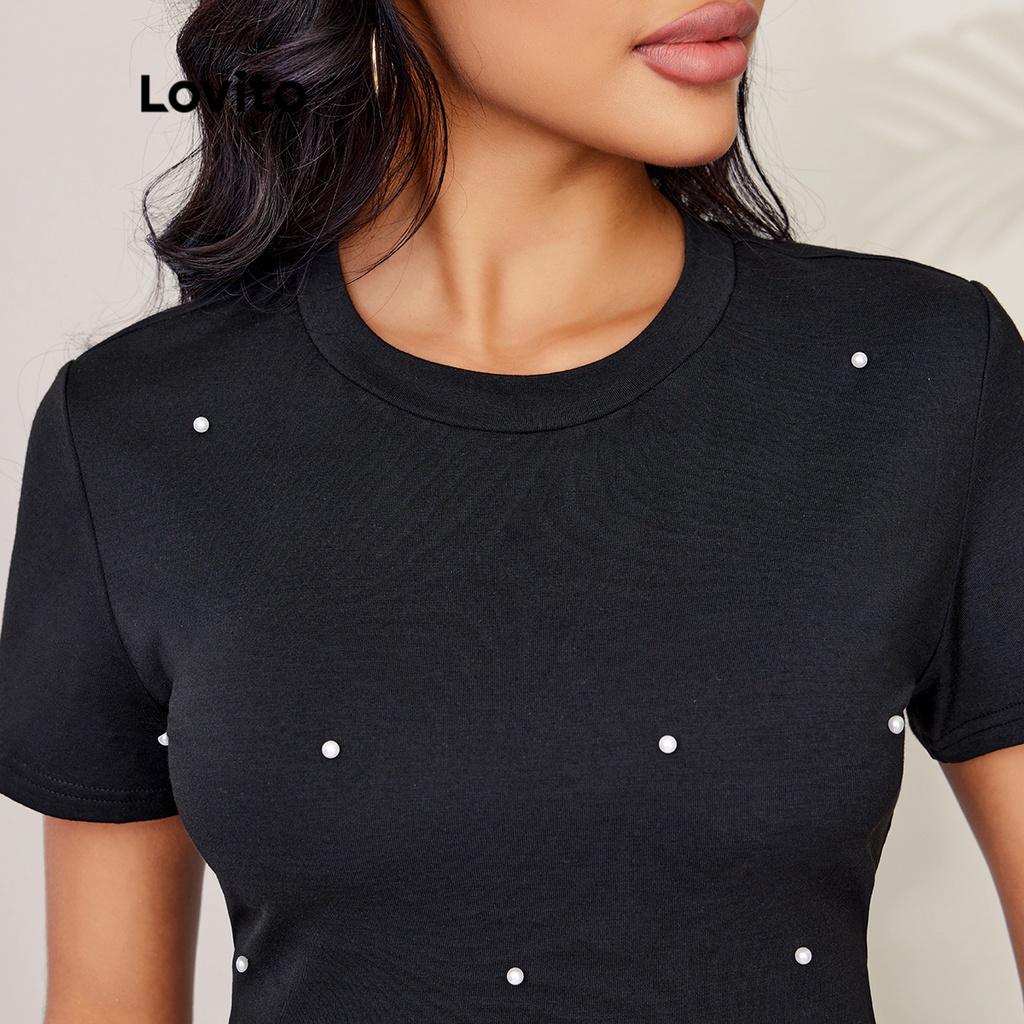 Áo thun Lovito cổ tròn đính ngọc trai giả màu trơn phong cách thường ngày L27LD009 (màu đen)