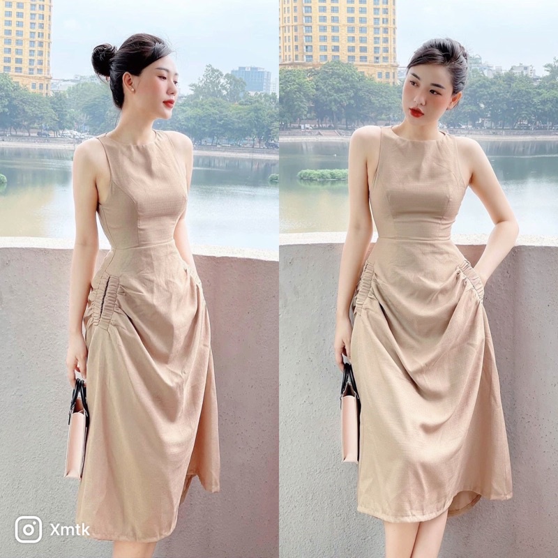 Váy sát nách cổ tròn túi sườn be 2 bên rúm bụng