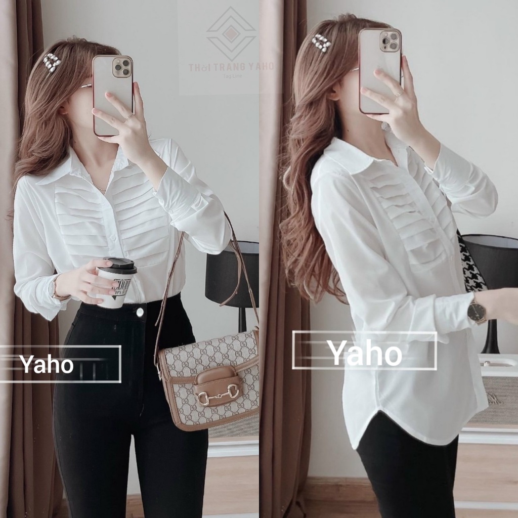 Áo sơ mi nữ dài tay đi học sinh kiểu hàn màu trắng mặc công sở phối sọc ngang - Áo sơ mi nữ form rộng họa tiết dáng dài