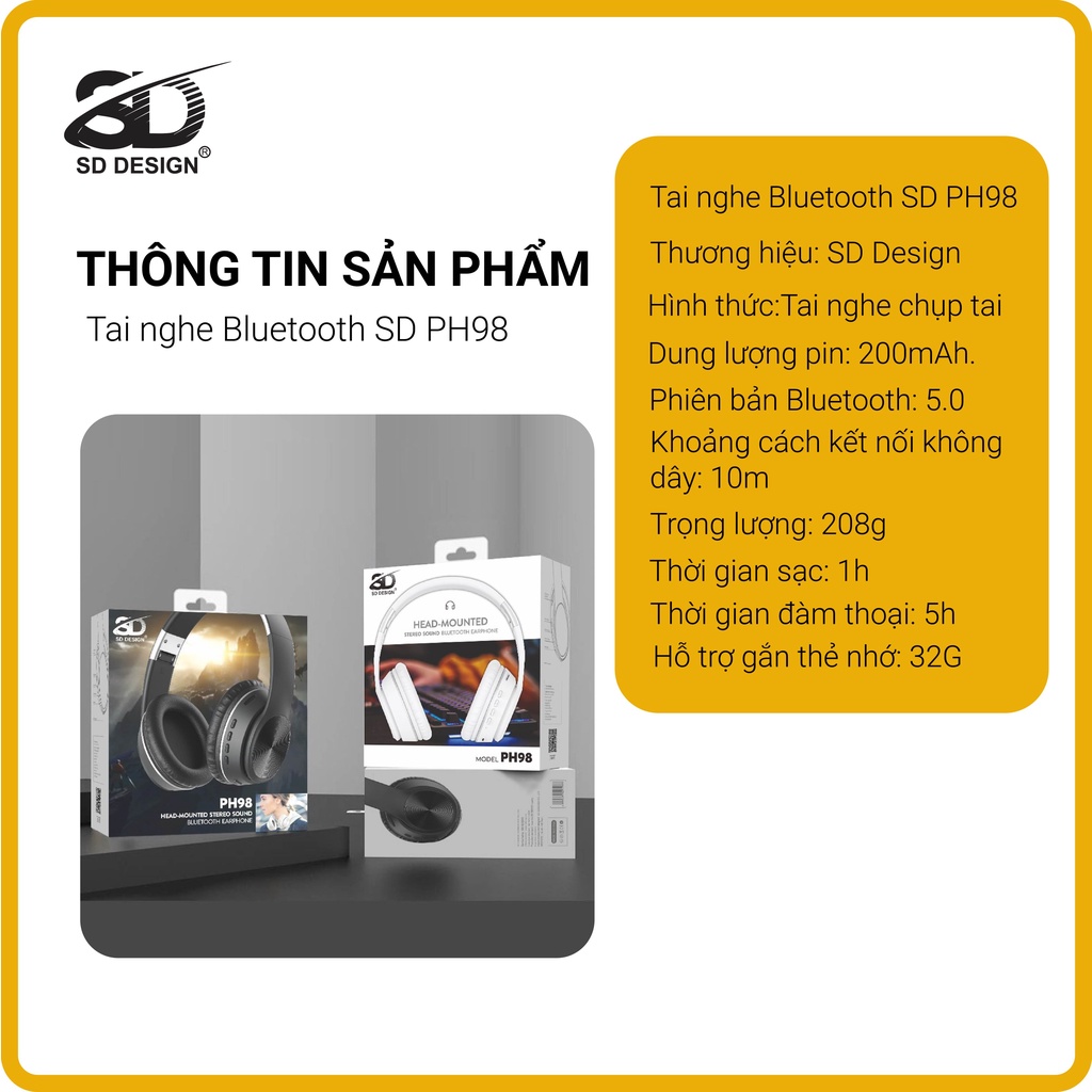 Tai nghe Bluetooth chụp tai chính hãng SD Design PH98, âm thanh chất lượng cao, sắc nét, hỗ trợ thẻ nhớ, Bluetooth 5.0
