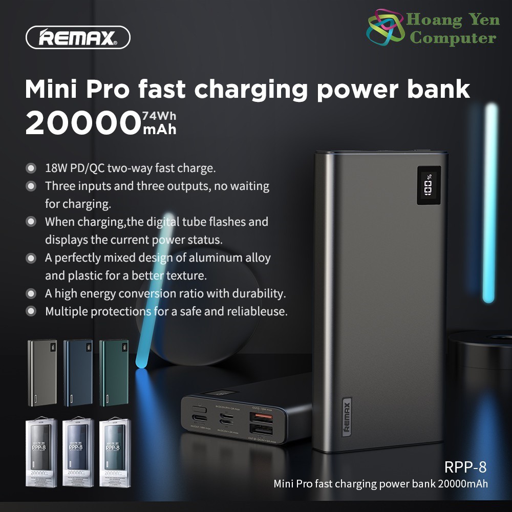 Sạc Dự Phòng Remax RPP-8 20000mAh QC3.0 Và Sạc Nhanh 2 Chiều Type C - BH 1 Năm - Hoàng Yến Computer