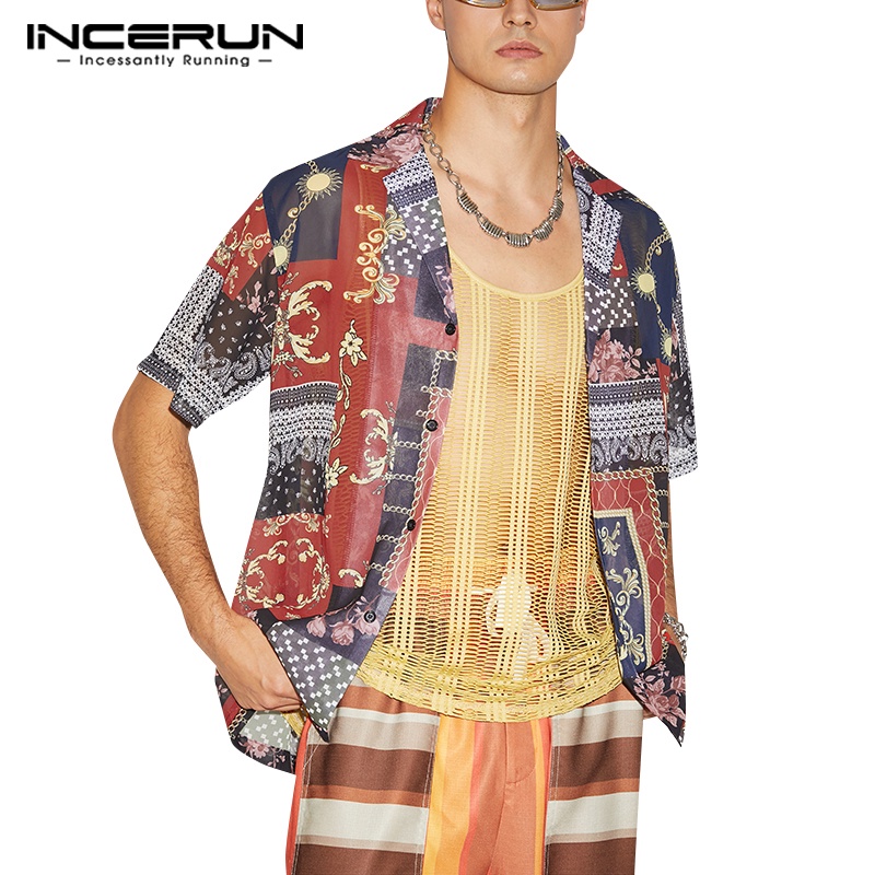 INCERUN Áo Sơ Mi Ngắn Tay Dáng Rộng Họa Tiết Dân Tộc Retro Dành Cho Nam