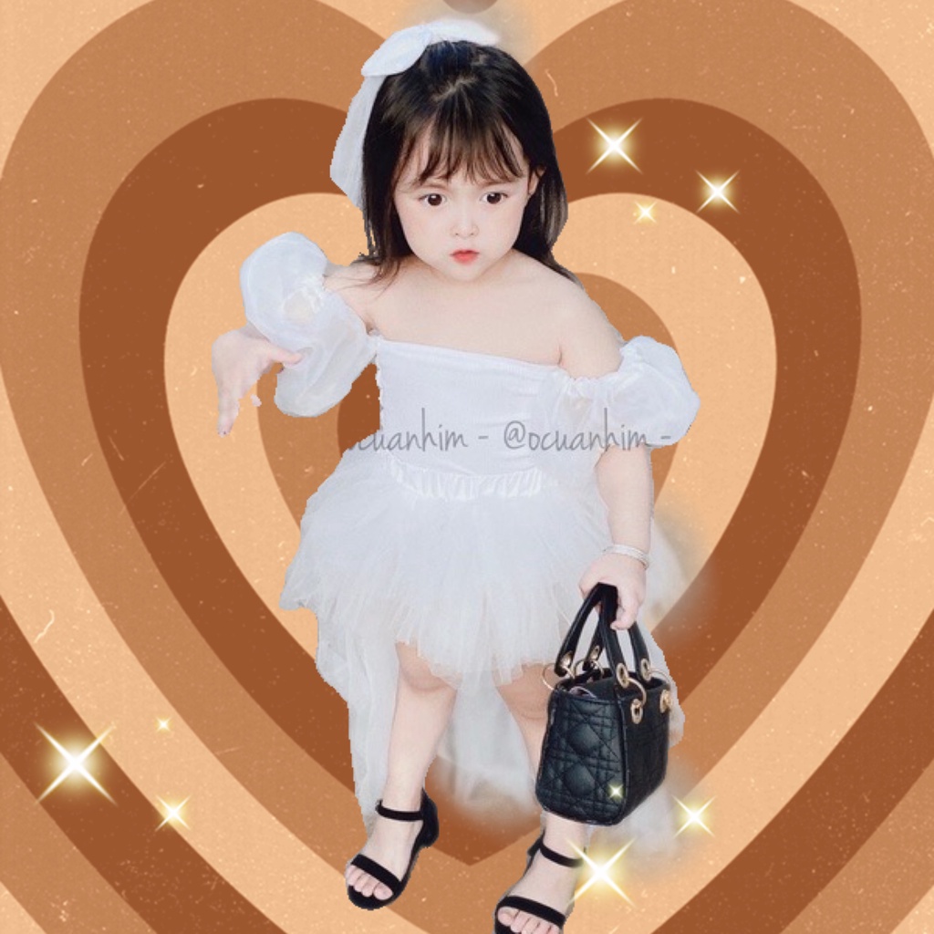 (8-28kg) Váy trắng cô dâu công chúa dự tiệc kèm nơ voan cho bé gái