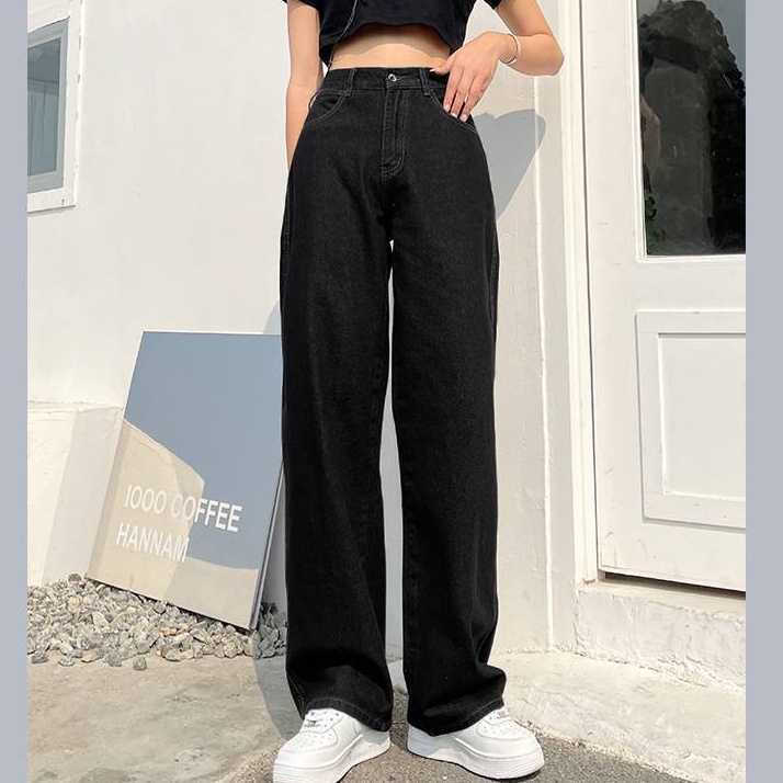 SUXI Quần jean nữ lưng cao ống rộng kiểu Hàn Quốc