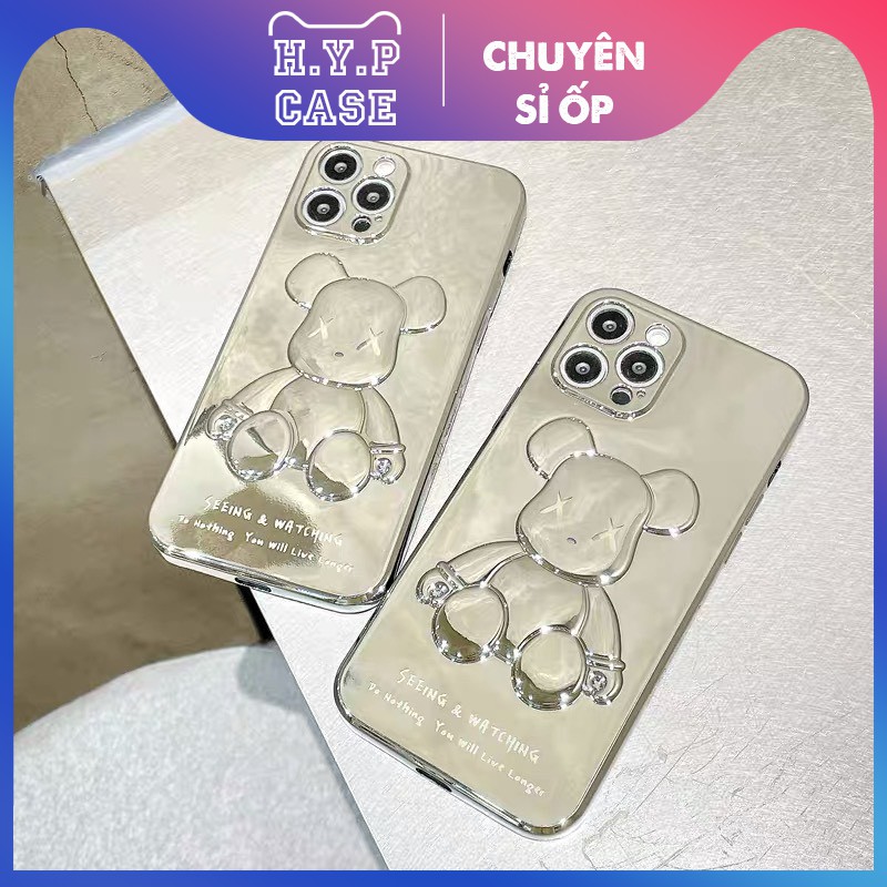 Ốp Lưng Iphone KAWS Bóng Nổi 3D Viền Si Chống Bẩn Cạnh Vuông Full Bạc (02)