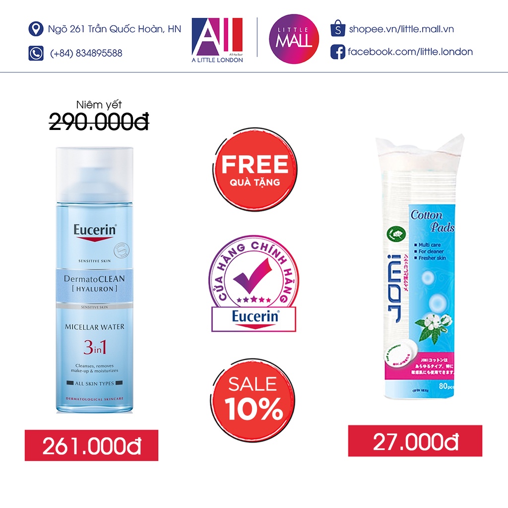 Nước tẩy trang cho da nhạy cảm Eucerin dermato clean hyaluron micellar water 3in1 TẶNG bông tẩy trang Jomi (Nhâp khẩu)