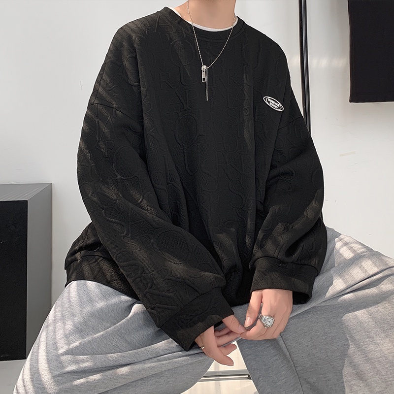 Áo sweater dài tay cổ tròn thêu chữ độc đáo dáng rộng phong cách nhật bản thời trang mùa thu cho nam size M-2XL Kem chống nắng tay áo mỏng