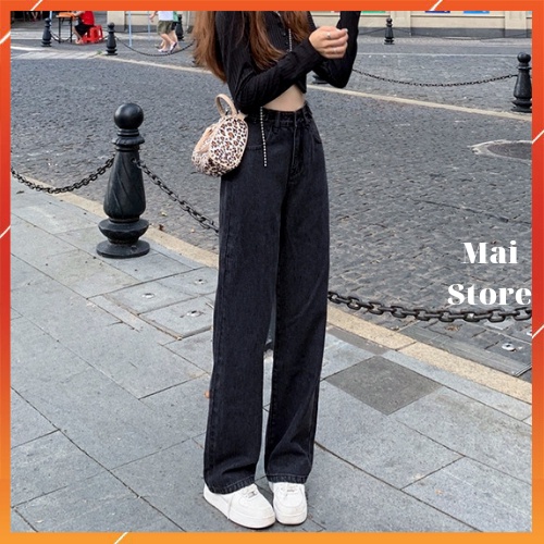 Quần jeans ống suông đen khói xanh cạp cao siêu hack chân siêu tôn dáng MaiStore | BigBuy360 - bigbuy360.vn