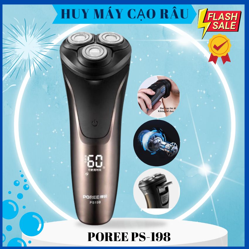 Máy cạo râu nam thông minh POREE PS-198, máy cạo râu cao cấp, led báo pin, khoá an toàn, chống nước