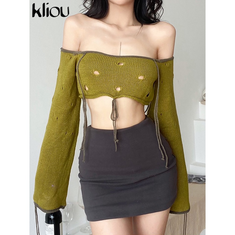 Kliou 2023 new Áo Croptop Dệt Kim Trễ Vai Tay Dài Thiết Kế Khoét Vai Quyến Rũ