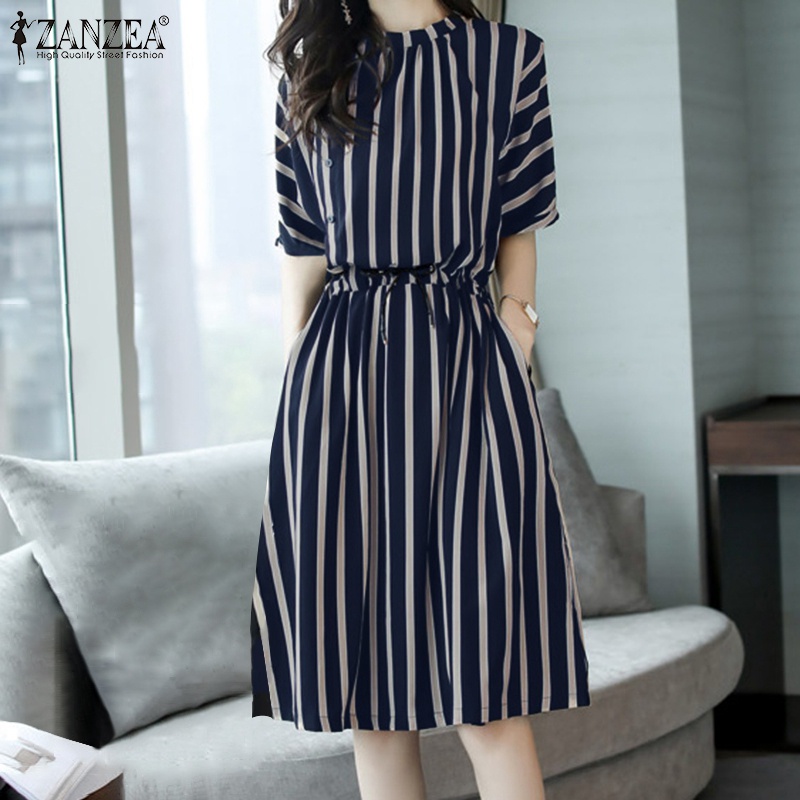 Đầm midi nữ Zanzea tay ngắn họa tiết kẻ sọc đơn giản thời trang