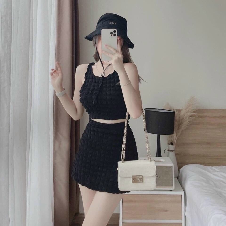 sét bộ xốp áo ba lỗ phối chân váy có lót trong hott