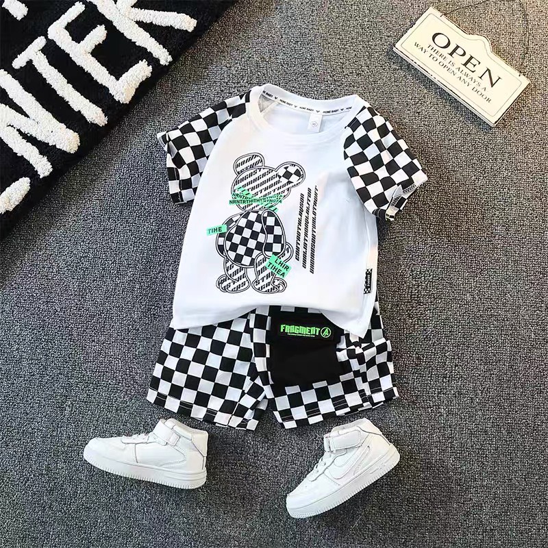 Bộ đồ bé trai Con Xinh cotton tay raplan caro hình in Gấu TIHE,thời trang dành cho trẻ em từ 4 đến 10 tuổi