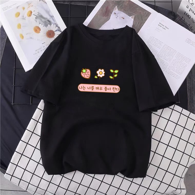 ÁO THUN UNISEX FORM RỘNG IN DÂU HOA CÚC CHỮ HÀN CỰC ĐẸP