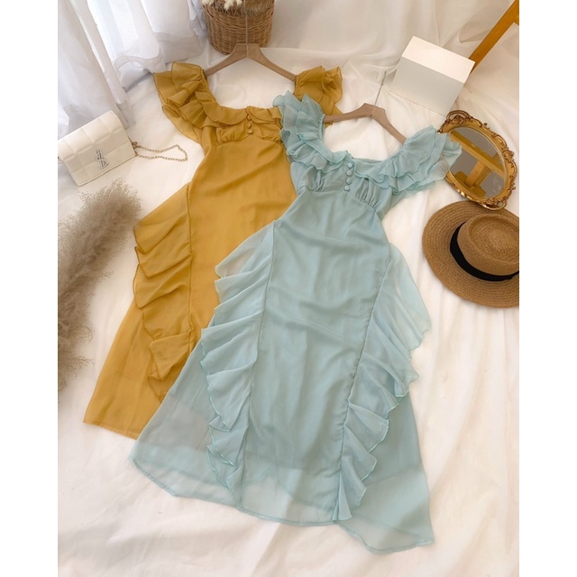 Đầm tơ cổ bèo vuông nút bọc cao cấp loại 1 | BigBuy360 - bigbuy360.vn