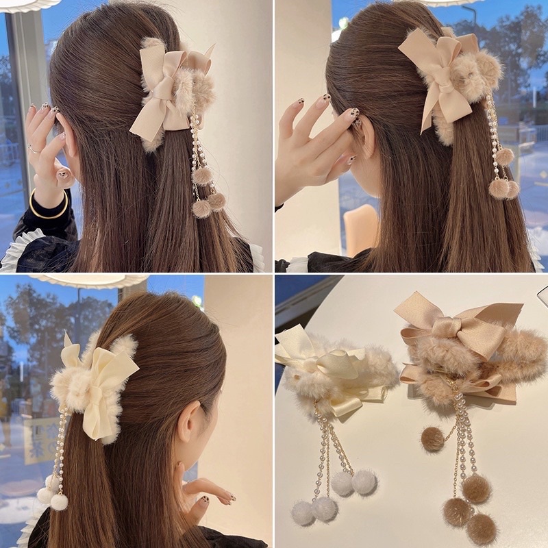 Kẹp tóc càng cua lớn nơ lụa tua rua sang trọng phong cách Hàn Quốc