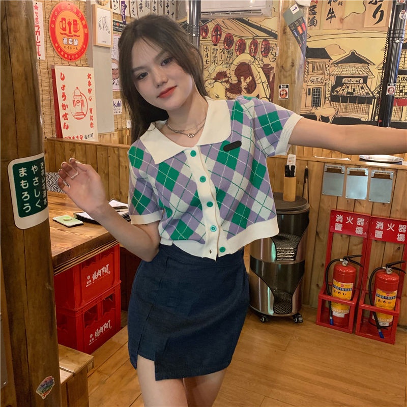 Áo khoác croptop nữ bigsize cardigan croptop áo croptop cổ lọ Áo Thun Dệt Kim Ngắn Tay Cổ polo Họa Tiết Caro Màu Sắc Retro Phong Cách Phương Tây Thời Trang Cho Nữ