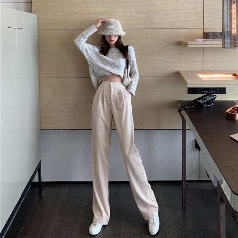 Quần Ống Rộng Nữ Nhung Tăm Culottes Hàn Quốc Ulzzang Kiểu quần nhung cạp cao nữ ống rộng dáng dài cạp Khóa thời trang