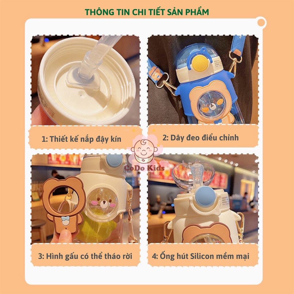 Bình Nước Cho Bé Đi Học Có Ống Hút, Bình Nước Cho Bé Cute 720ml, Bình Đựng Nước Cho Bé Hình Gấu