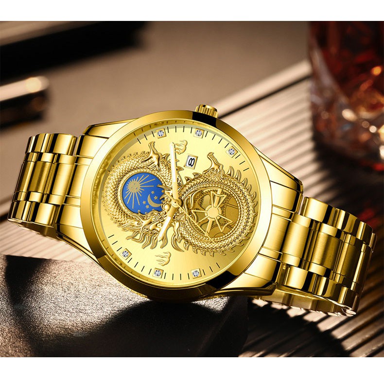 Đồng Hồ Nam FNGEEN S0909 - đồng hồ không thấm nước Lịch ngày Mặt Rồng 3D Cuộn Hình Số 8 Dây Thép Cao Cấp