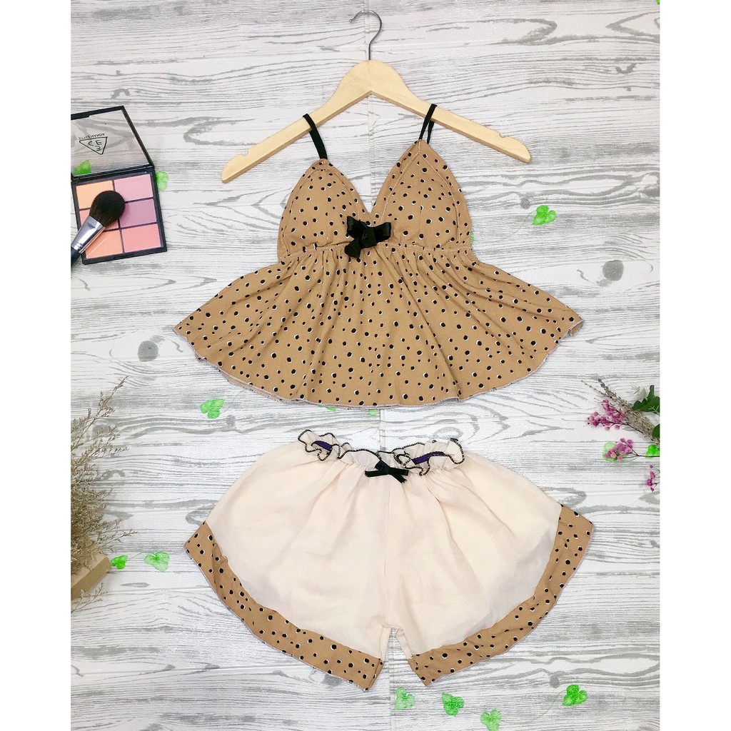 CROPTOP SIZE dưới 55Kg Bộ đồ ngủ vải voan chấm bi có mút ngực kiểu dáng gợi cảm quyến rũ đủ màu,Hàng Shop tự may