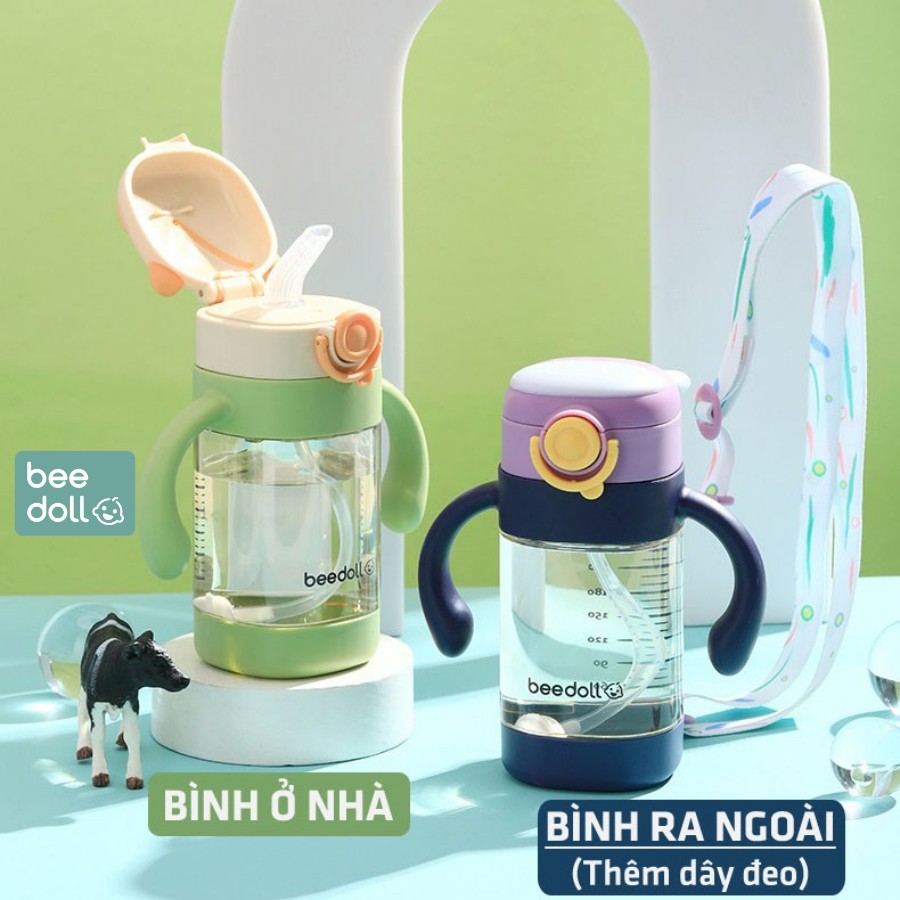 Bình tập uống nước BeeDoll cao cấp chất liệu PPSU 320ml cho bé dùng ở mọi tư thế chống sặc, Tặng kèm dây đeo + Cọ rửa