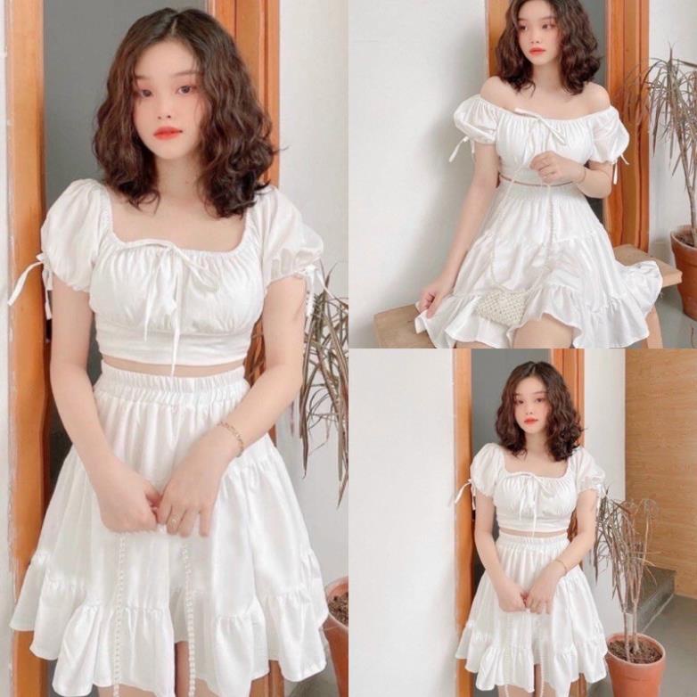 Sét Váy Áo Cổ Vuông Hoặc Trễ Vai Croptop + Chân Váy Xoè Màu Trắng ( Ảnh Thật )