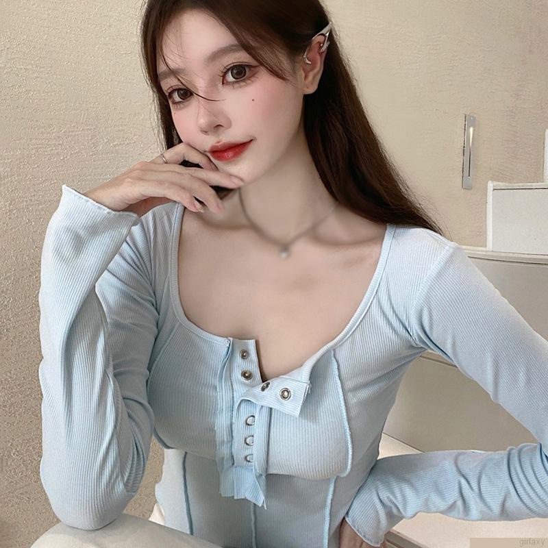 Áo thun tay dài cổ vuông màu sắc đơn giản dành cho nữ