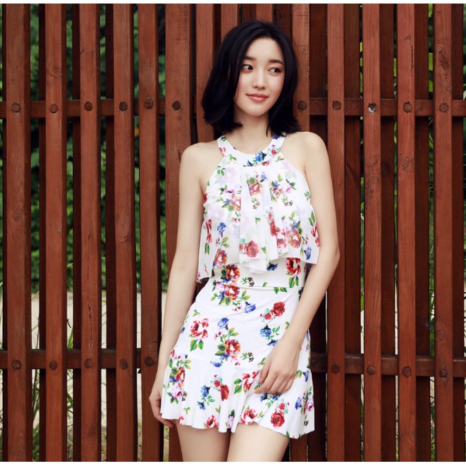 CÓ SẴN bộ đồ bơi nữ liền thân cổ yếm họa tiết hoa hồng đẹp