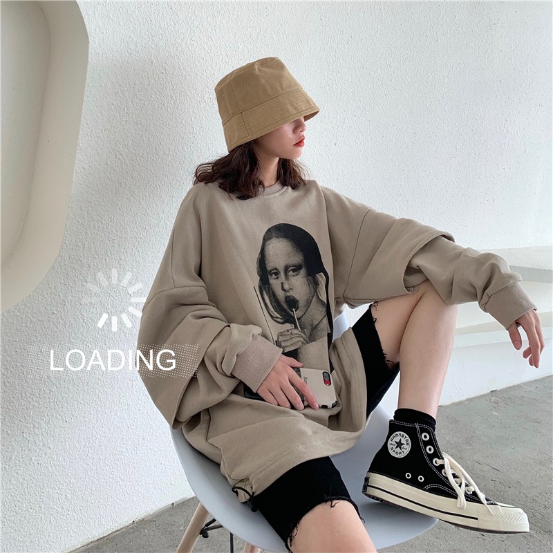 (ORDER) Áo nỉ nữ form dài rộng in hình tranh Mona Lisa style retro kiểu Pháp sang trọng