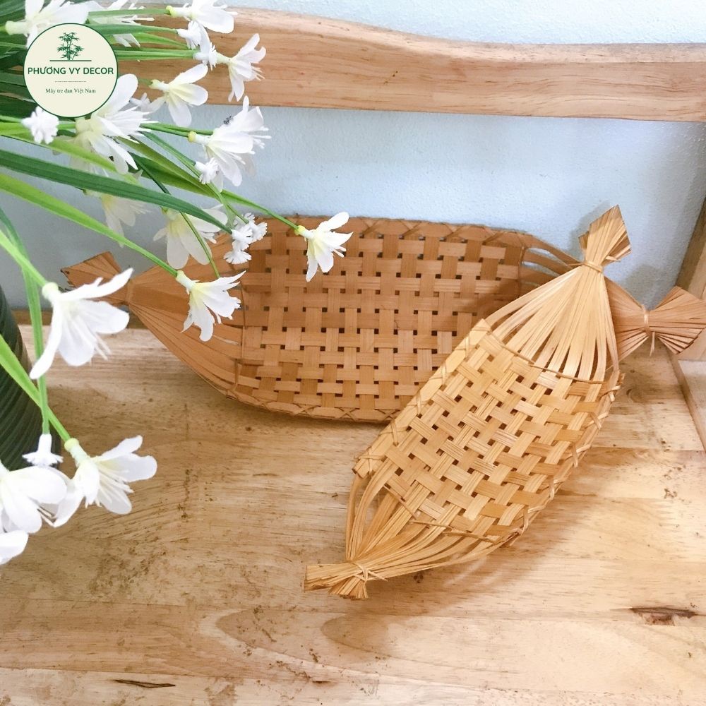 Thuyền tre trang trí decor đồ ăn, đồ thờ trang trí bàn thờ thần tài