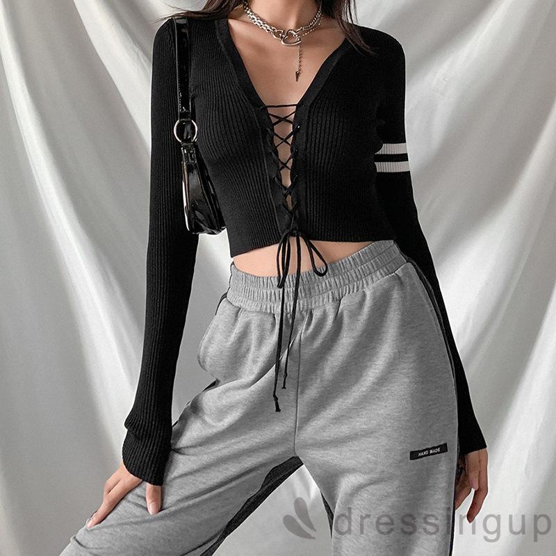 Áo Thun Tay Dài Cổ Chữ V Hở Rốn Thời Trang Dành Cho Nữ