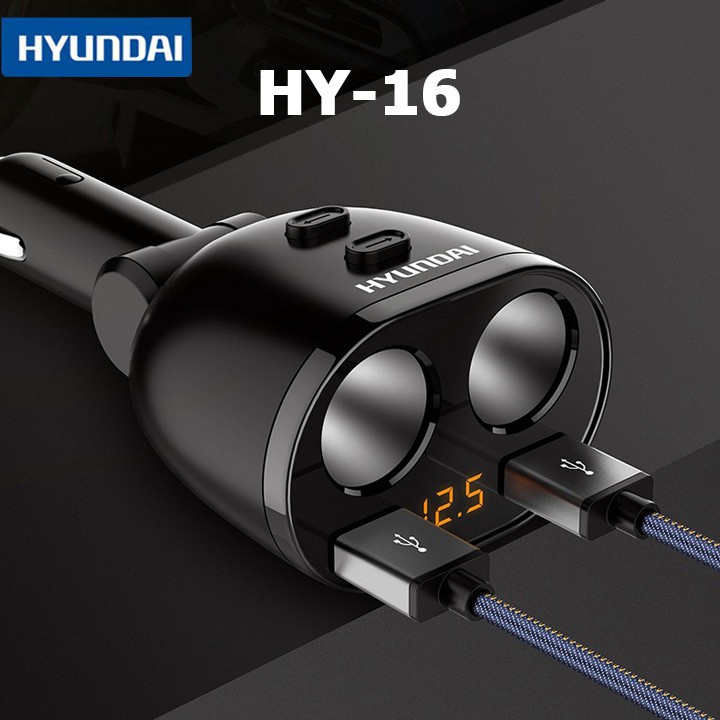 Tẩu Sạc Ô Tô Hyundai HY-16, 2 Cổng USB - 2 Cổng Tẩu., Có Đèn Led Báo Hiệu Điện Áp - Bảo hành 12 tháng