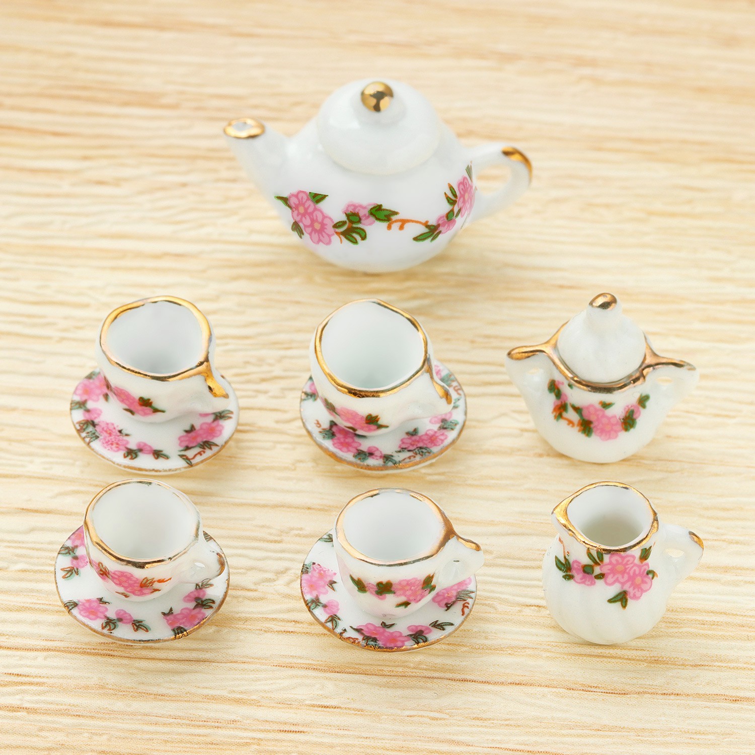 YEW 11pcs Kit Porcelain Tea Cup Set Kitchen 1/6 1/12 Miniature Dollhouse Accessories Toys with|Trim Floral Pattern Home Decoration Chic Style Dining Ware