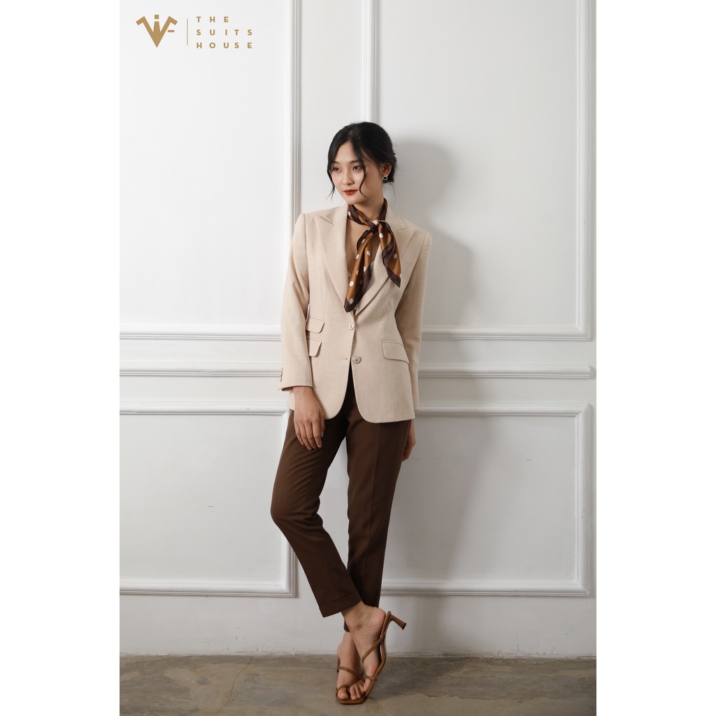 Bộ vest nữ cam nhạt phối nâu đậm, suits sartorial chất linen The Suits House