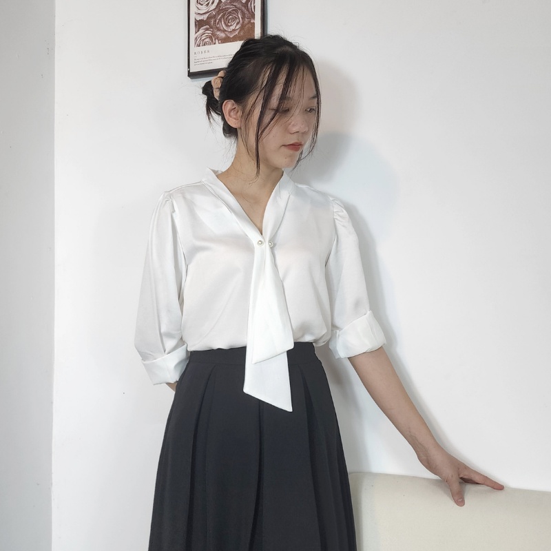 Áo sơ mi công sở nữ lụa trắng đẹp form rộng cổ V dây nơ gài ngọc kiểu sang trọng có BIGSIZE đi làm đi chơi đi học ASM04