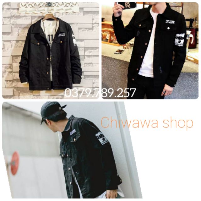 Áo khoác jean nam form rộng màu đen thêu huy hiệu size M-L-XL hàng VIP